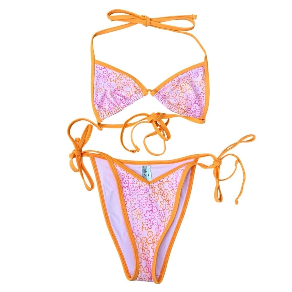 Frankies Bikinis x VS PINK Floral Triangle Bikini Set Orange Pink XS NWT